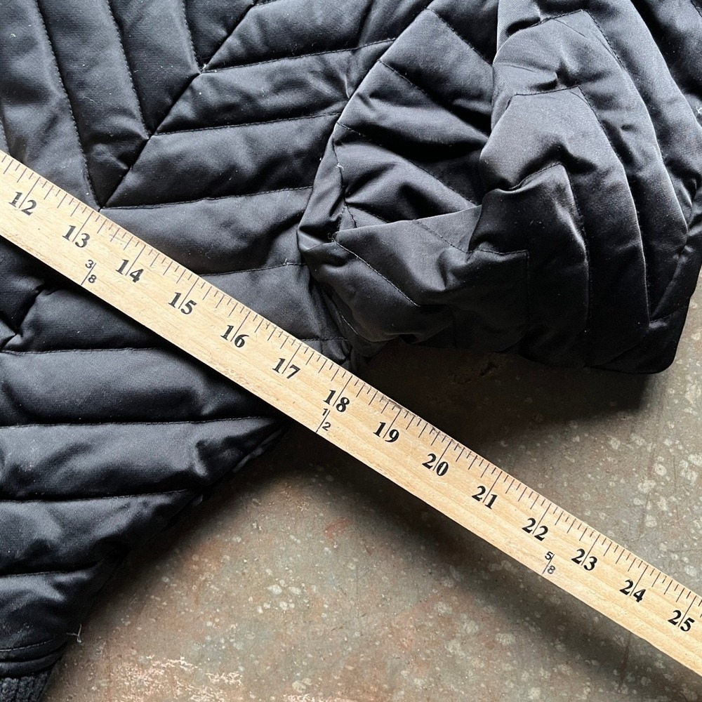 Bebe Black Chevron Quilted Down Puffer Jacket Real Rabbit Fur Hood Lace Up Small - Picture 8 of 11